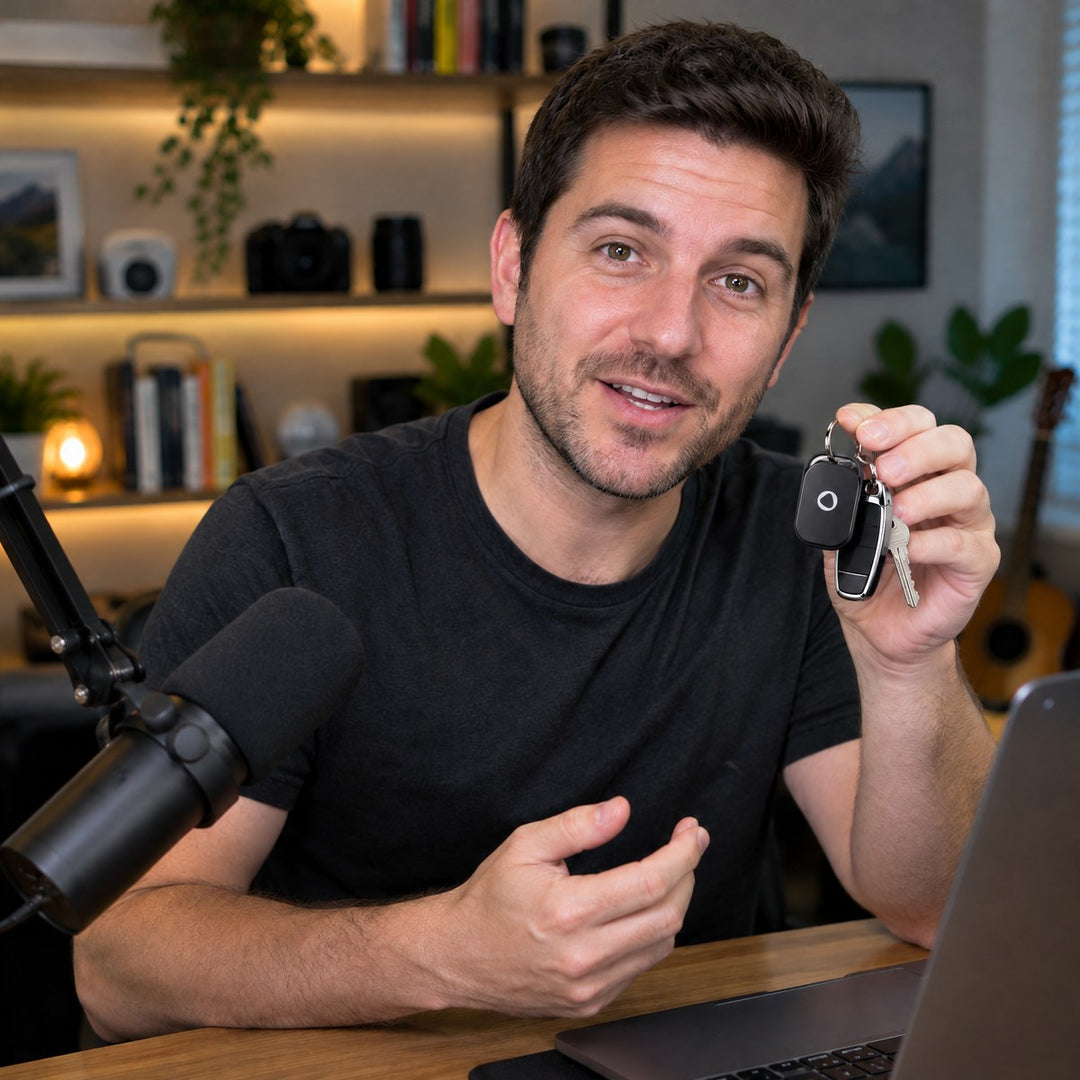 Tech reviewer holding the Spotminders Smart Tag on a car key fob