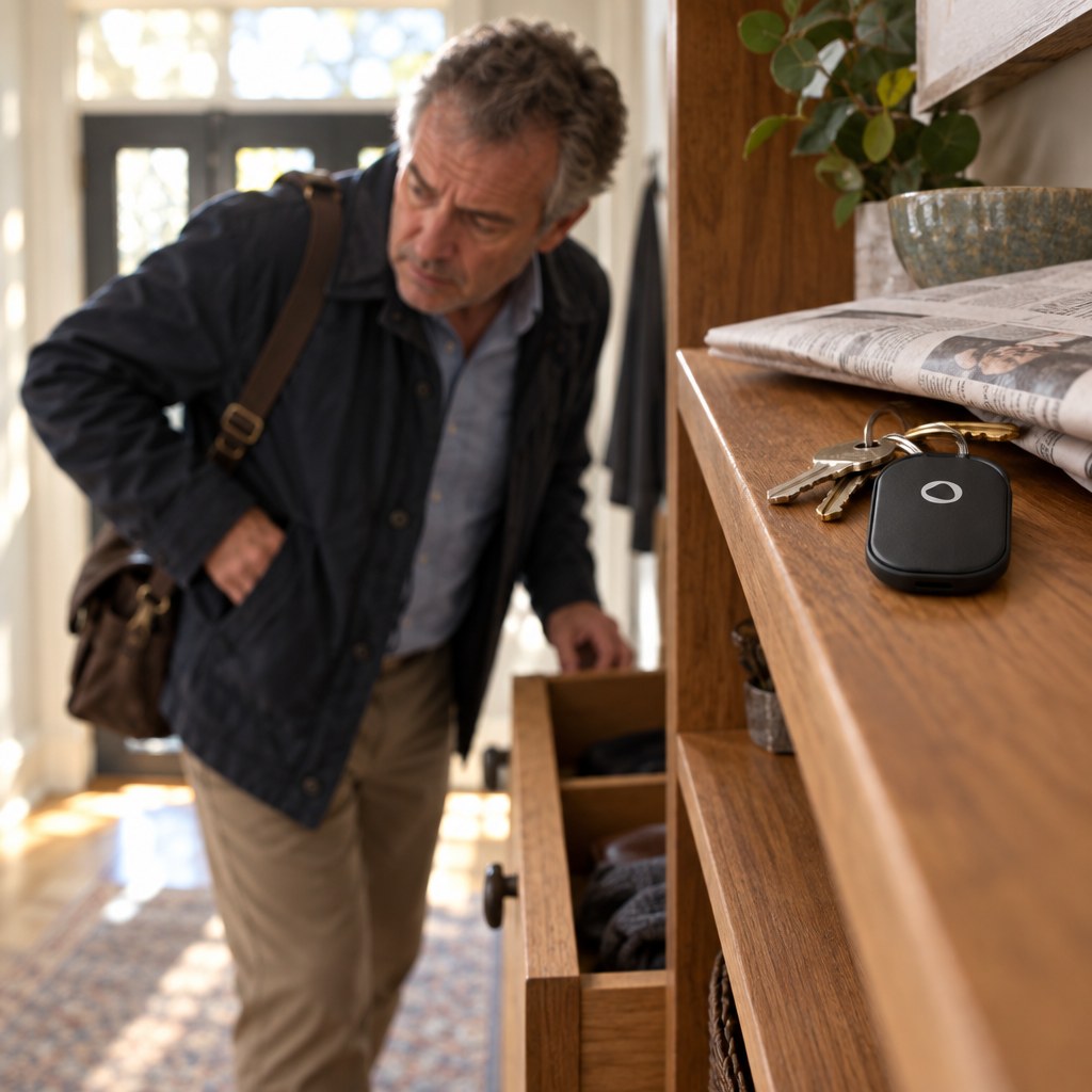 Man searching the hallway drawers for his keys, which sit on the shelf with the Smart Tag