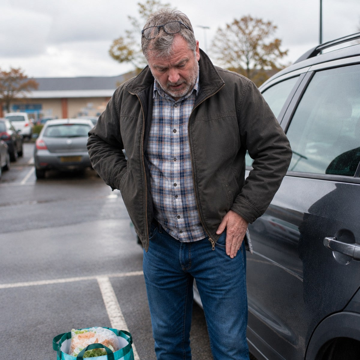A man in a parking lot checking his trouser pocket for his wallet