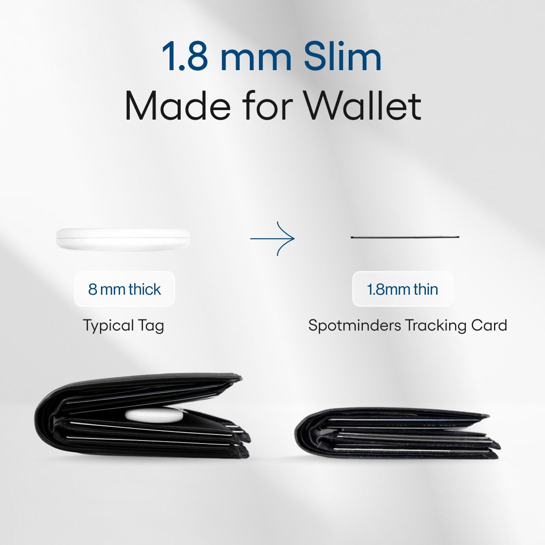 A wallet bulging open with an 8 mm tag beside a wallet closed flat with a 1.8 mm Spotminders card