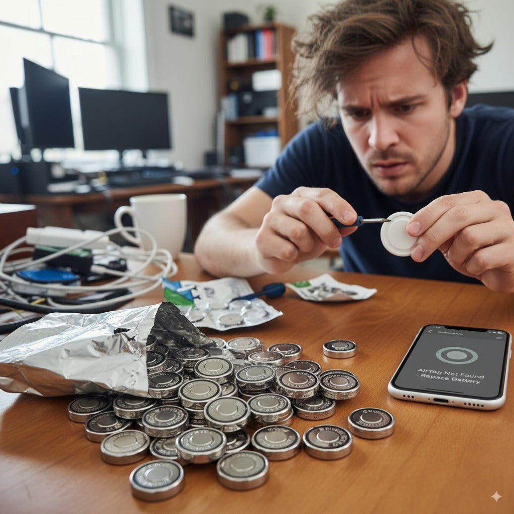 Man at a table with an AirTag opened up and coin batteries