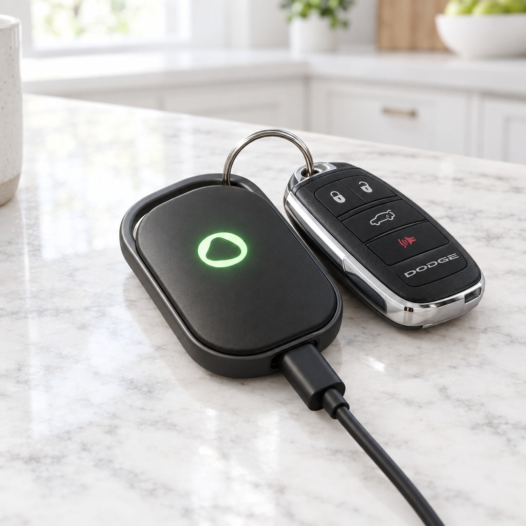 Smart Tag with a car key fob, charging over USB-C on a kitchen counter