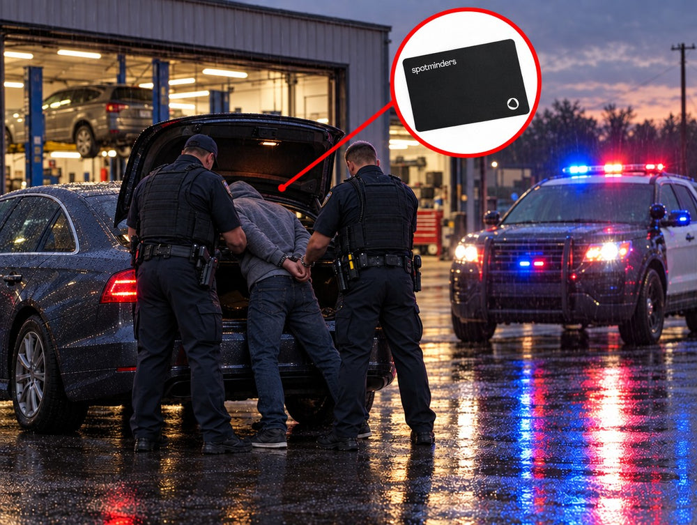 Police arresting a car thief in front of the repair shop; zoom bubble on the hidden Spotminders card