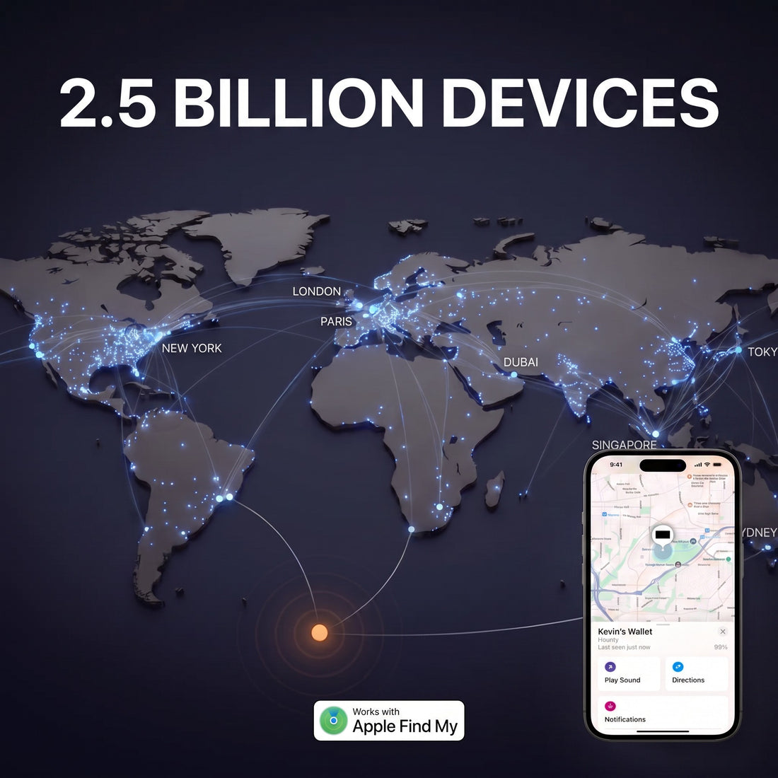 Global network: Spotminders card on the Apple Find My network, 2.5 billion devices worldwide