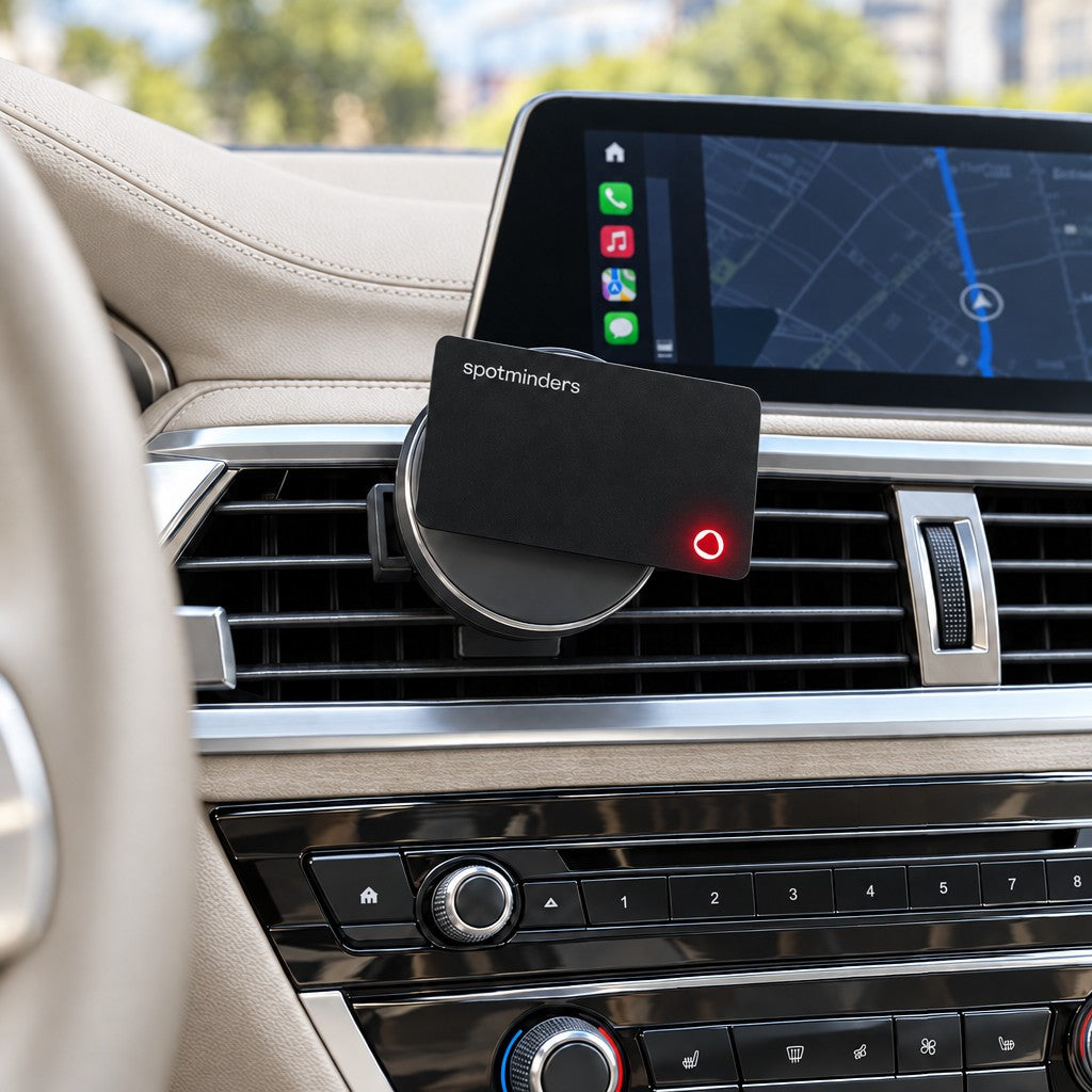 Spotminders card charging on a magnetic vent-mount charger above the center console, symbol lit red