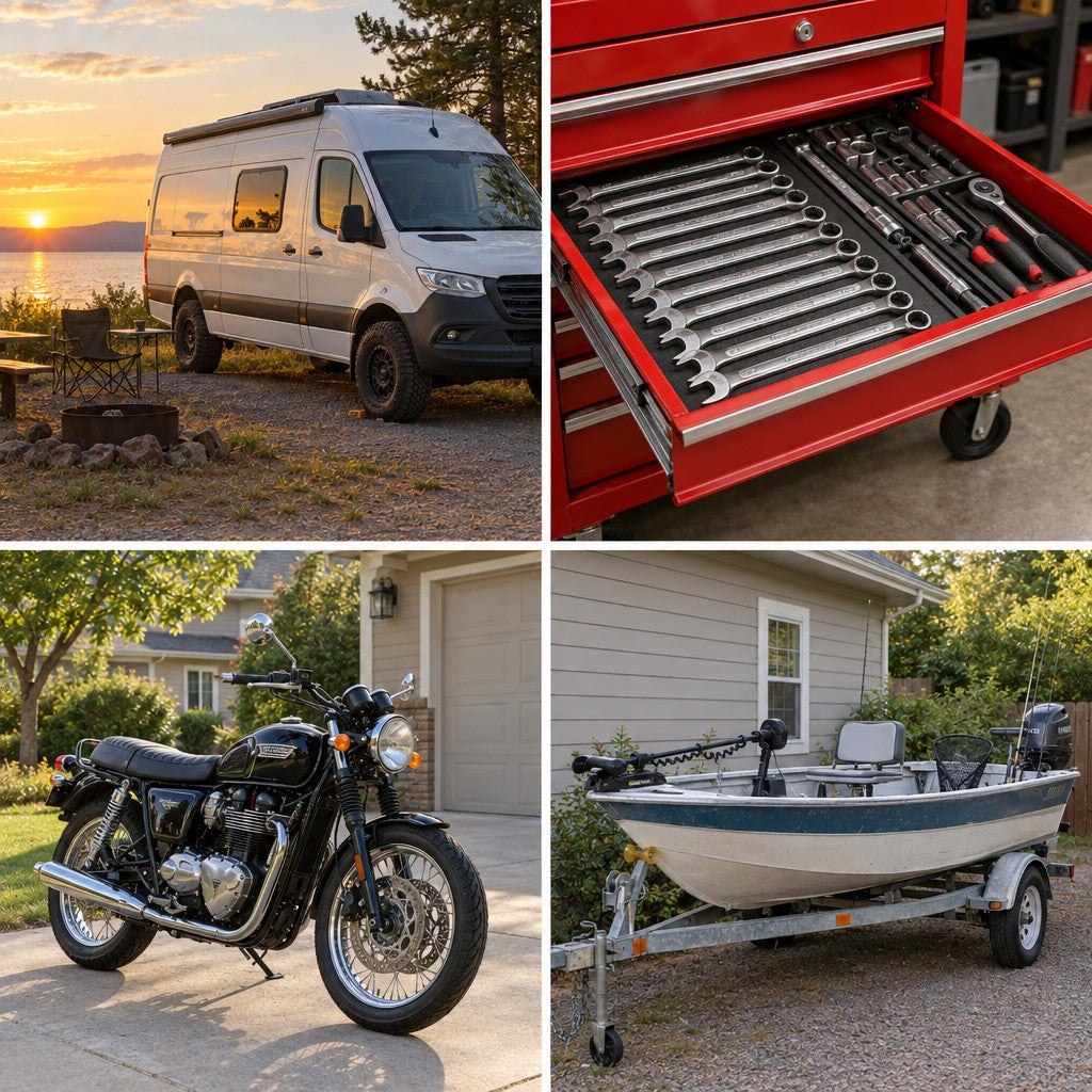 Classic car, boat, RV, motorbike and toolbox: one Spotminders card in each