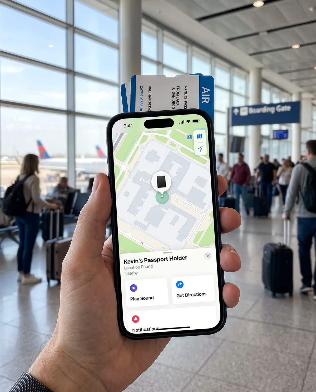 Phone tracking a passport at the airport