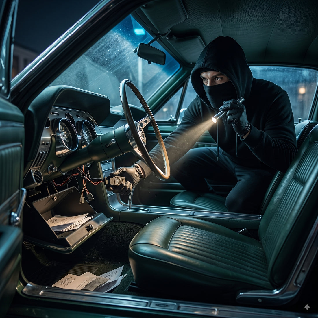 Thief searching a car interior for trackers
