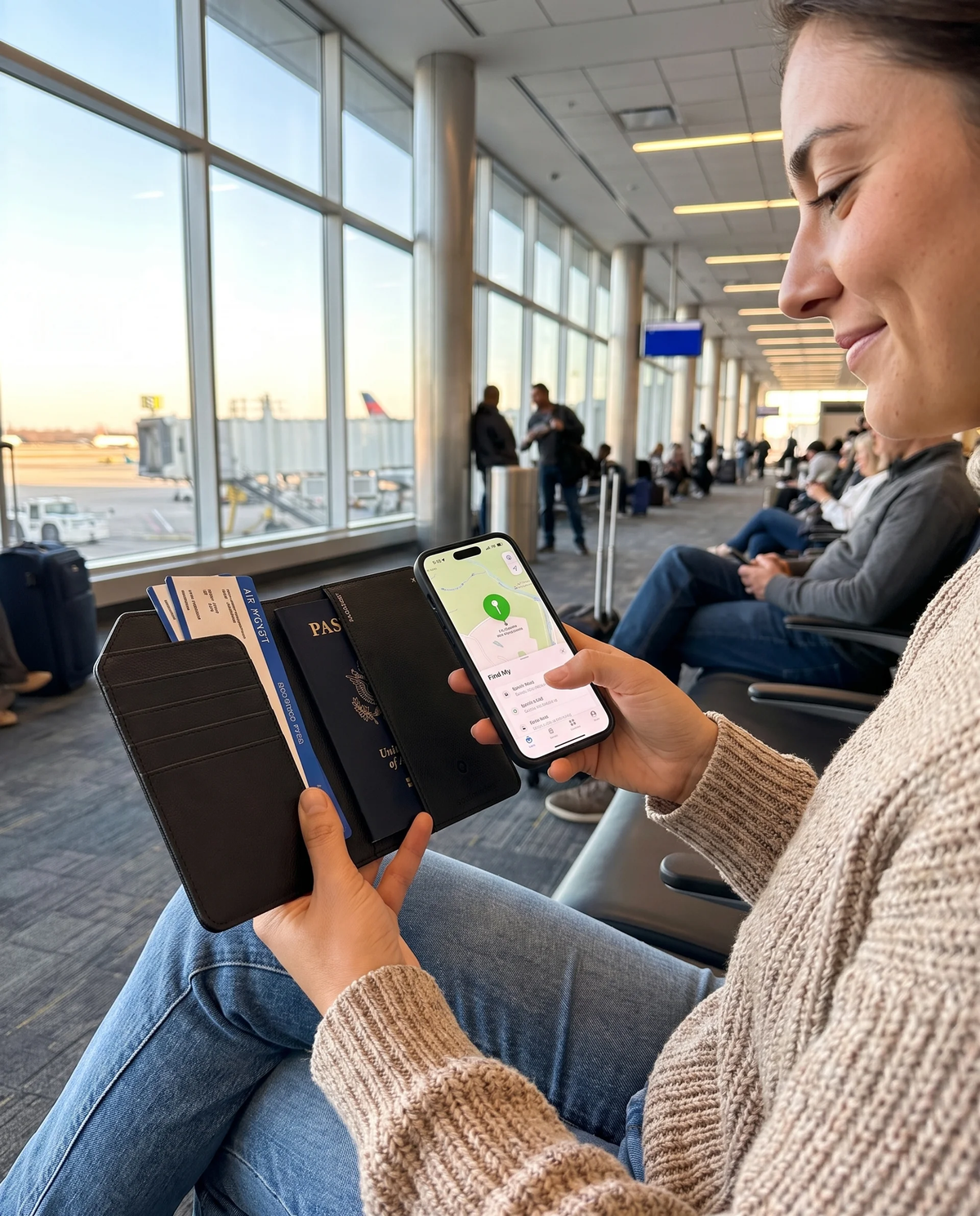Traveller using Passport Holder Air at an airport