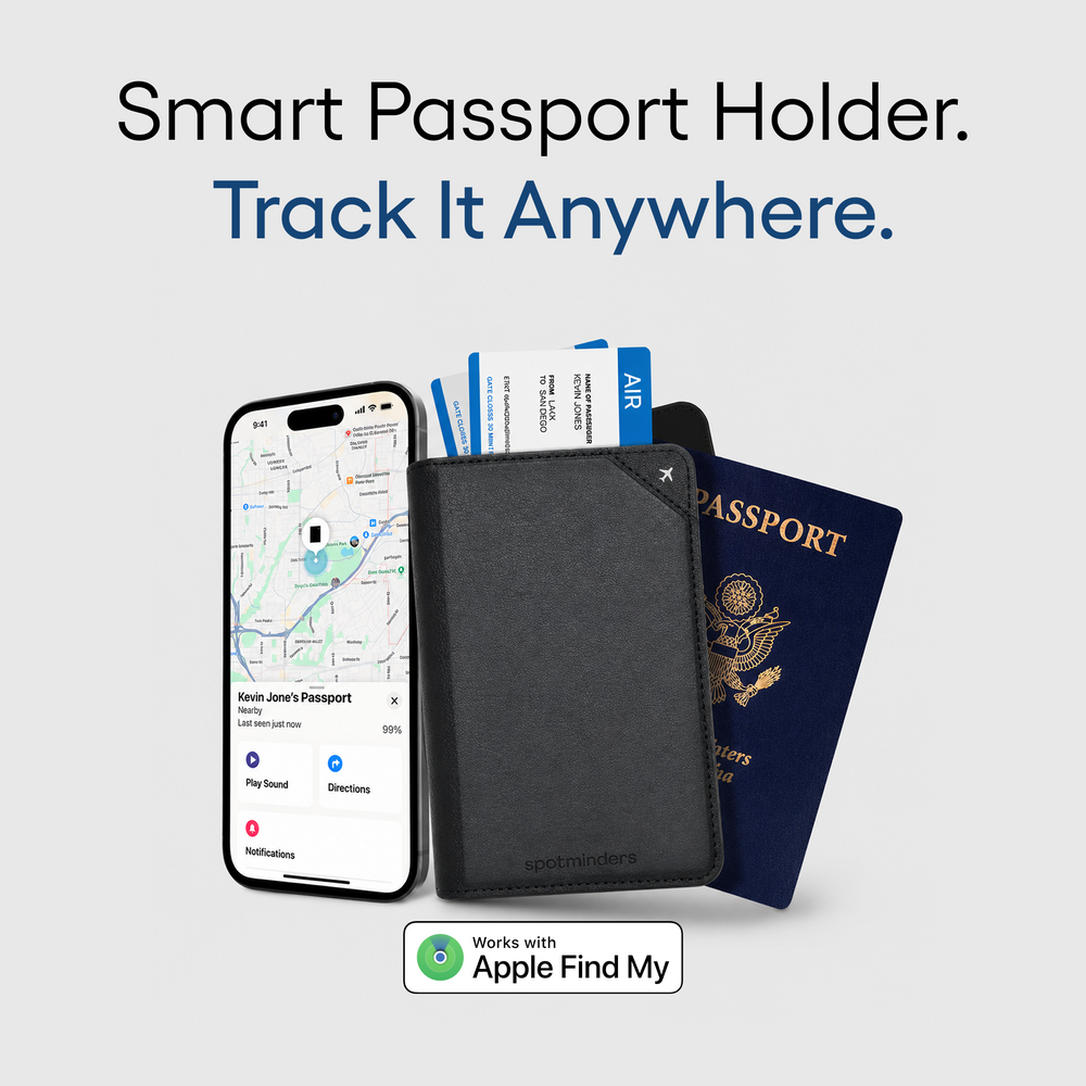 Spotminders Passport Holder Air with a passport, boarding pass and Find My screen