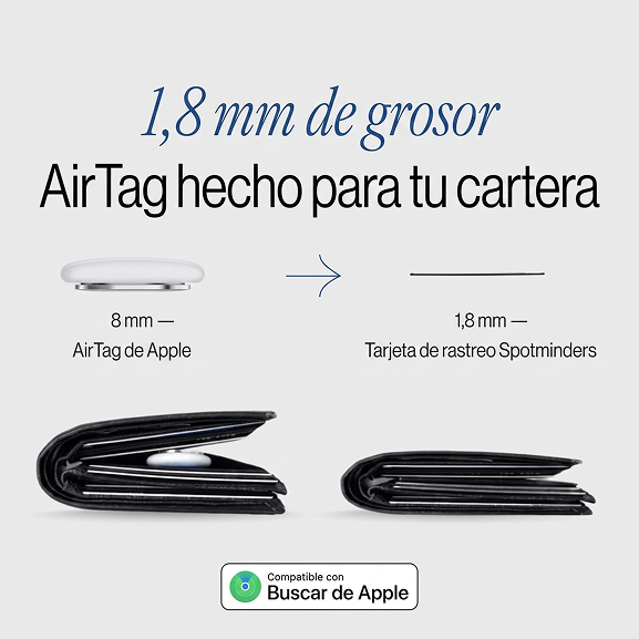 Comparación de grosor entre el AirTag y la tarjeta Spotminders