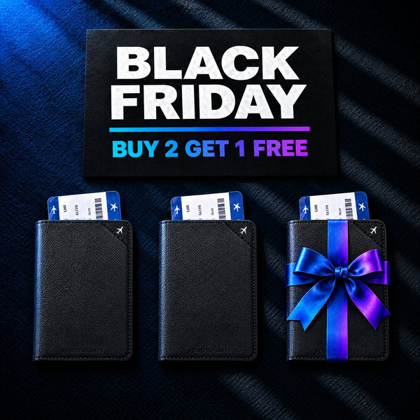 Black Friday Buy 2 Get 1 Free placard above three Passport Holder Air covers, the third one tied with a ribbon