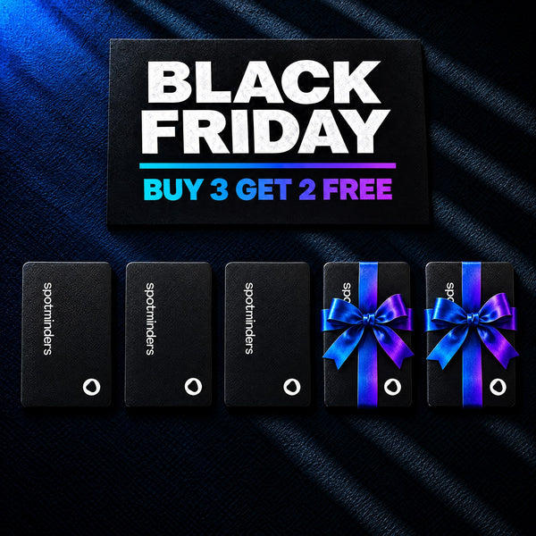 Black Friday Buy 3 Get 2 Free placard above five Spotminders Tracking Cards, the last two tied with a ribbon