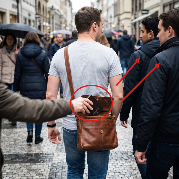 A hand lifting a passport from an open shoulder bag on a crowded European street