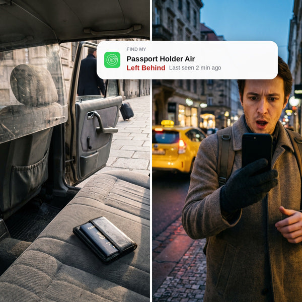 A passport left behind on a taxi seat next to a Find My Left Behind alert