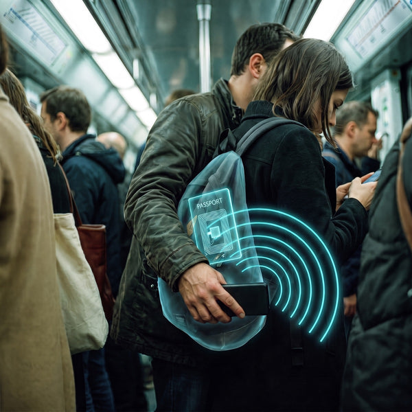 X-ray view through a backpack showing a passport chip being scanned in a metro carriage