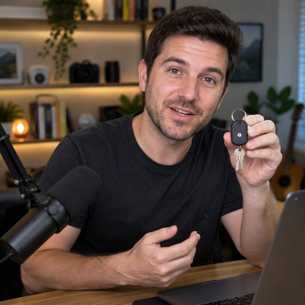 Tech reviewer holding the Smart Tag
