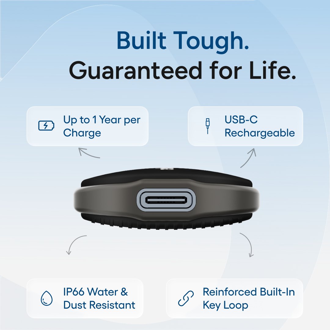 Built Tough. Guaranteed for Life. Up to 1 year per charge, USB-C rechargeable, IP66, reinforced key loop