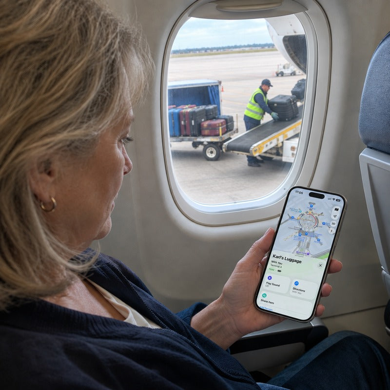 A woman in a window seat checking Find My on her iPhone: Karl’s Luggage, Terminal A