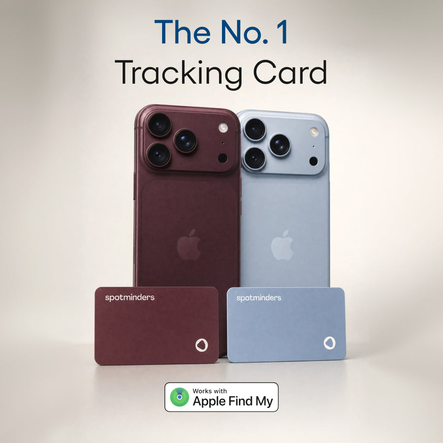 The No. 1 Tracking Card: two Spotminders Tracking Cards in front of two iPhones, works with Apple Find My
