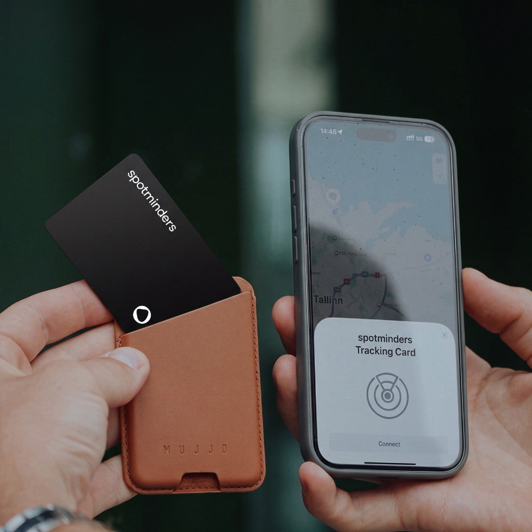 iPhone showing the Find My app next to a wallet with the Tracking Card