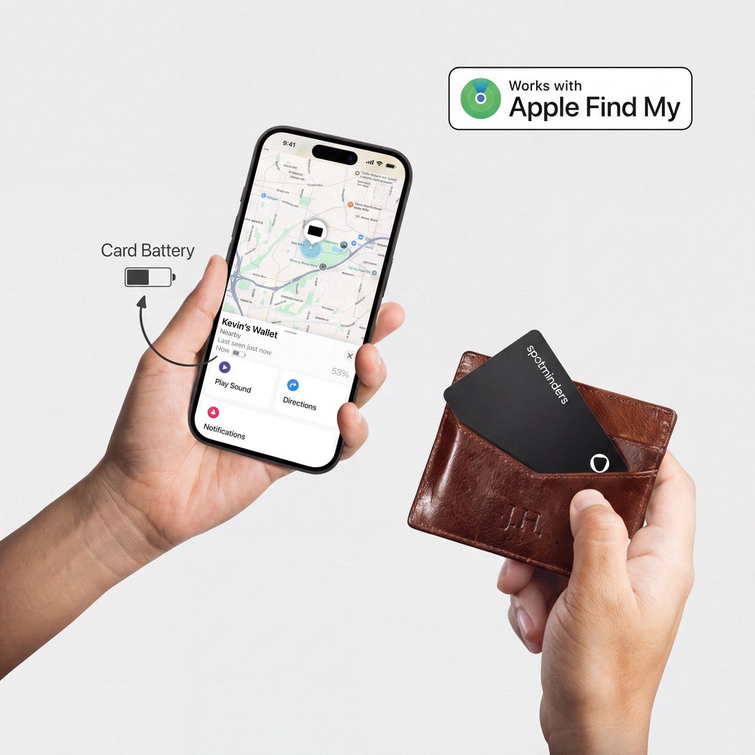 Hand holding an iPhone with Find My open above a wallet with the Tracking Card