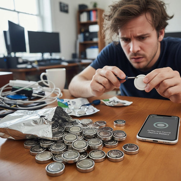 Frustrated man changing an AirTag coin battery