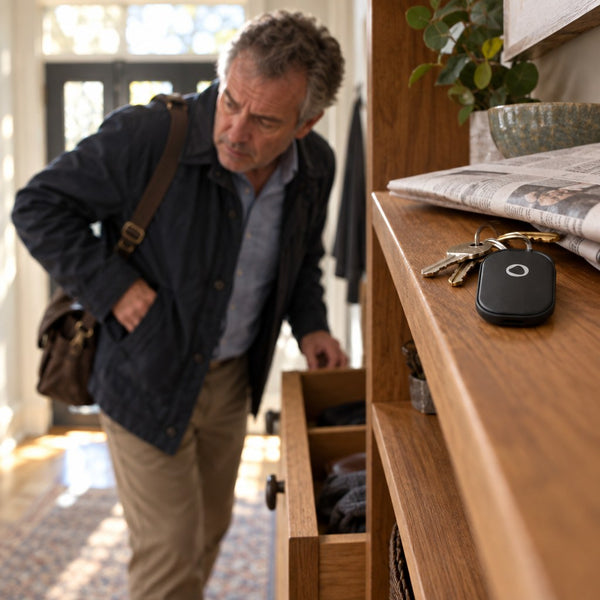 Man searching a hallway drawer for his keys