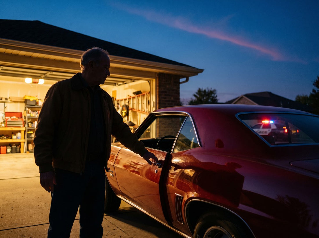 Bill with his recovered 1969 Camaro RS back in the driveway at dusk