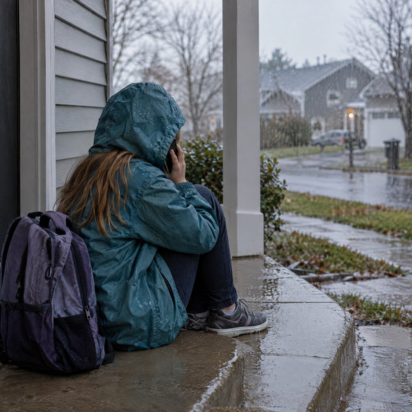 A girl with her hood up sitting on a rainy front porch with her backpack, phone to her ear