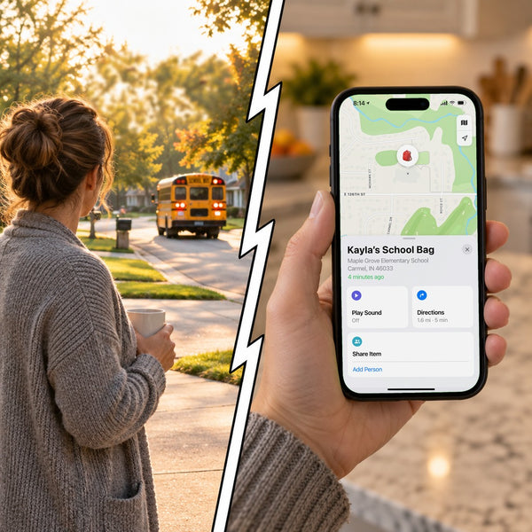 Split scene: a mom at the end of her driveway watches the school bus leave; her iPhone in Apple Find My shows Kayla's School Bag at the elementary school