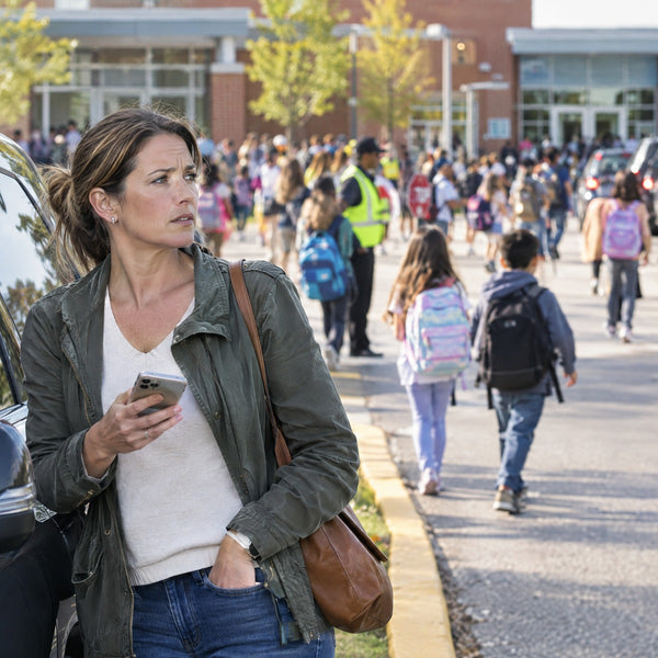 A mom beside her car at a busy school pickup, iPhone in hand, scanning the kids coming out of two entrances