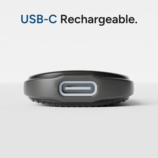 USB-C Rechargeable. Close-up of the USB-C port on the Spotminders Smart Tag