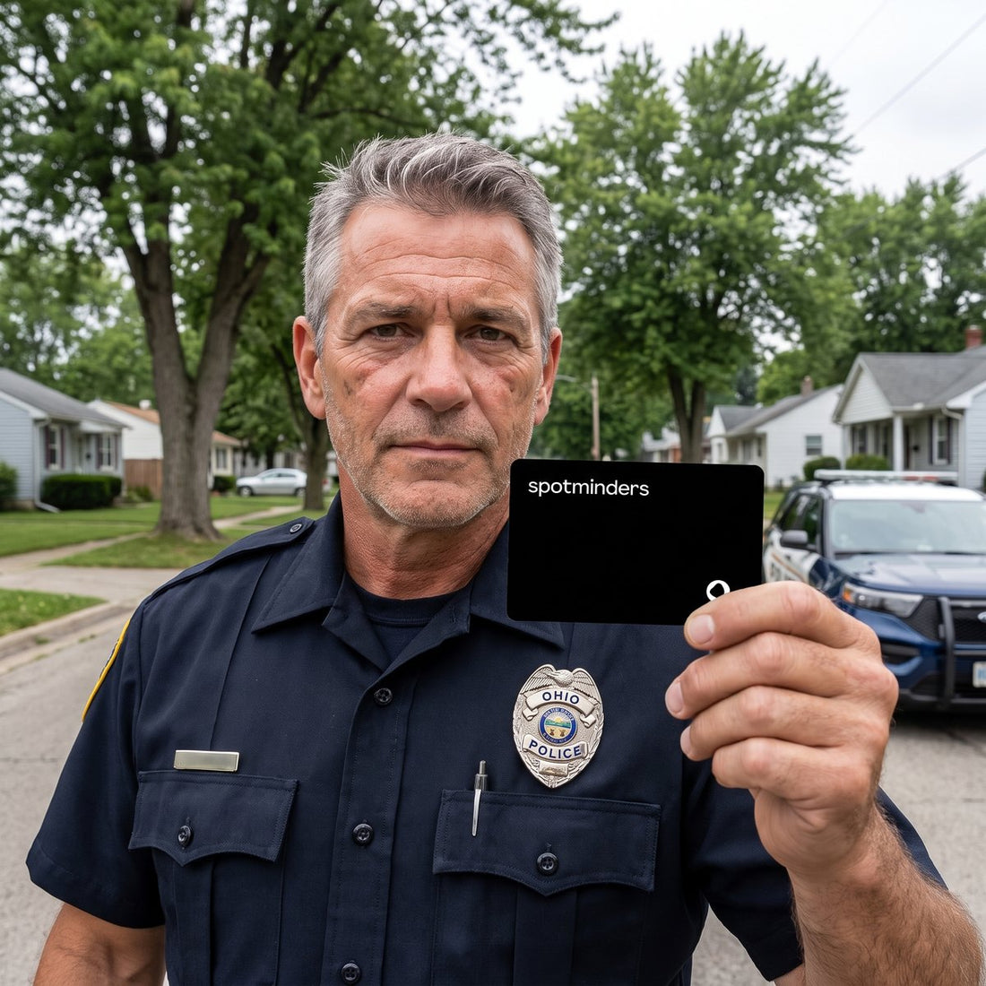 Detective Burns holding a Spotminders tracking card