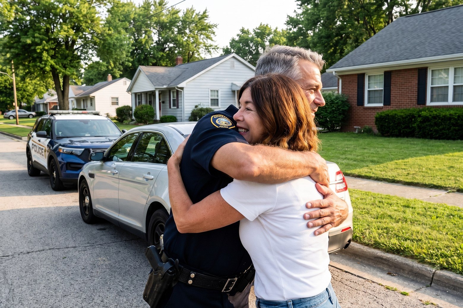 Angie Kovach with Detective Burns on Ridge Road, minutes after her car was returned.